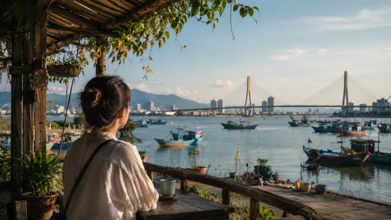 Wooden fishing boats on the Han River in Da Nang, Vietnam