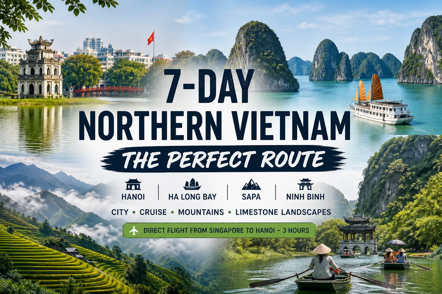 7-Day Northern Vietnam route graphic showing Hanoi's Hoan Kiem Lake red bridge, a Ha Long Bay junk boat between karst islands, Sapa rice terraces and Ninh Binh sampans