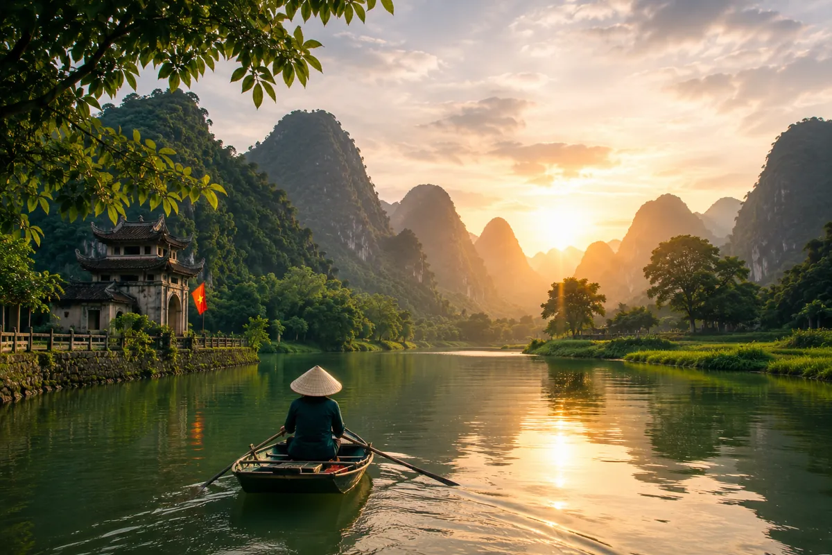 A rower in a conical hat guides a wooden sampan along a calm river through Ninh Binh's karst mountains at sunset, with a riverside temple and a Vietnamese flag on the bank