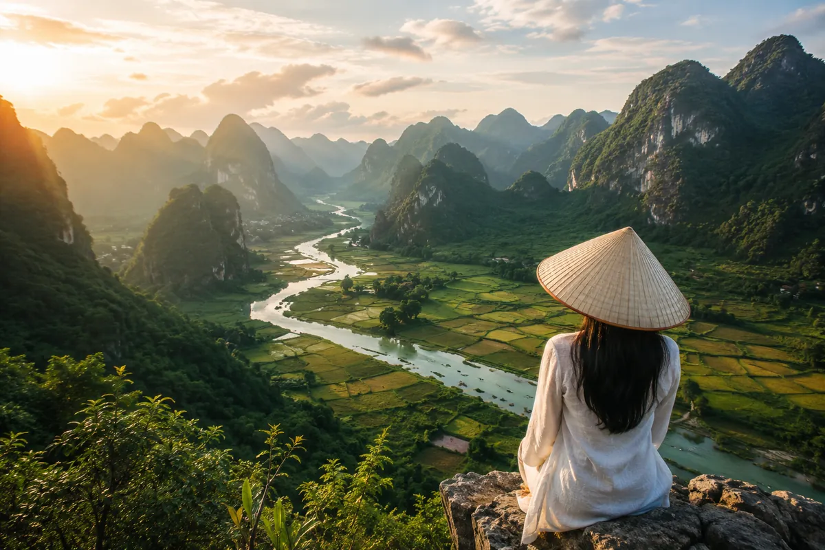 A traveller in a conical hat sits on a rocky outcrop overlooking a northern Vietnam karst valley, with a river winding through green rice fields at sunrise