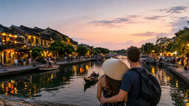 Couple by the Hoi An riverside at sunset in central Vietnam