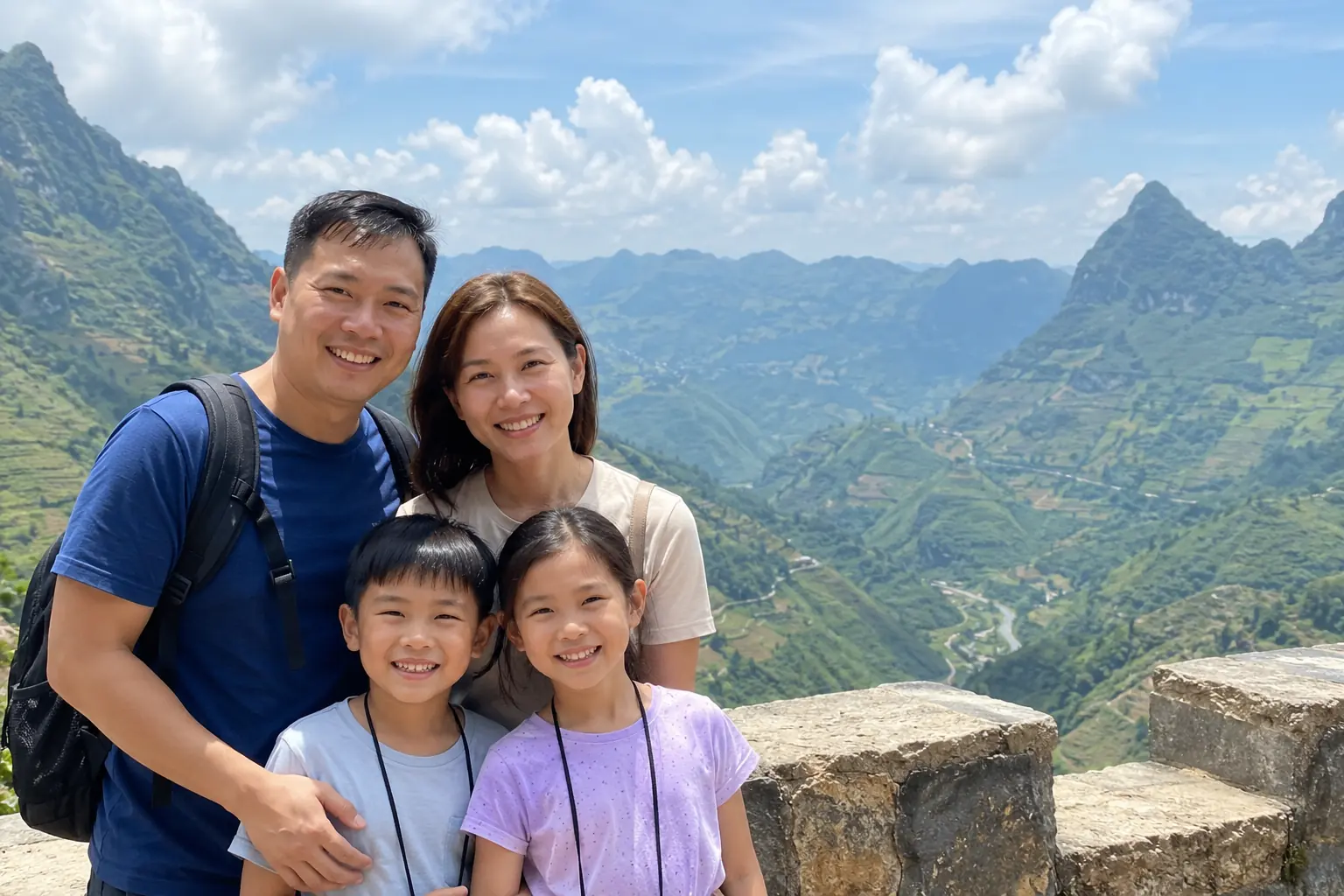 A Singaporean family of four at a mountain viewpoint overlooking the valleys of northern Vietnam