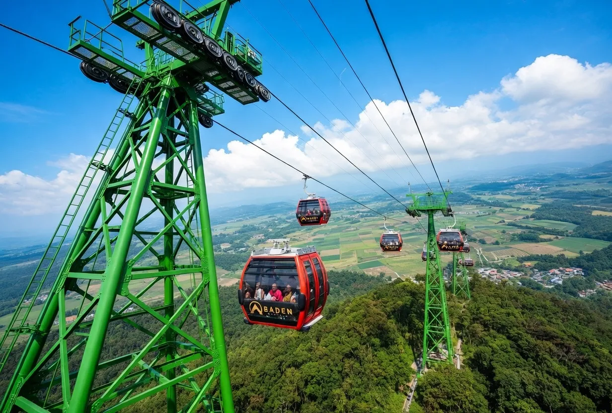 Cable car carrying red gondolas up Ba Den Mountain in Tay Ninh above forested slopes