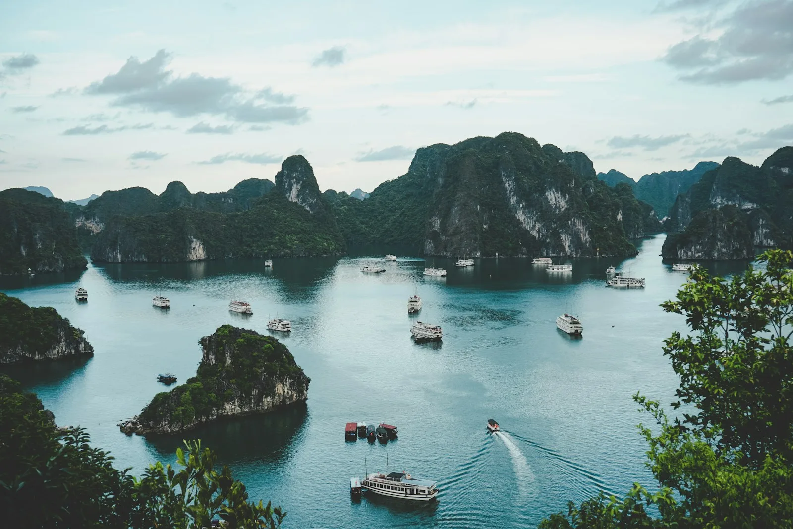 Scenic Ha Long Bay limestone karsts at sunset